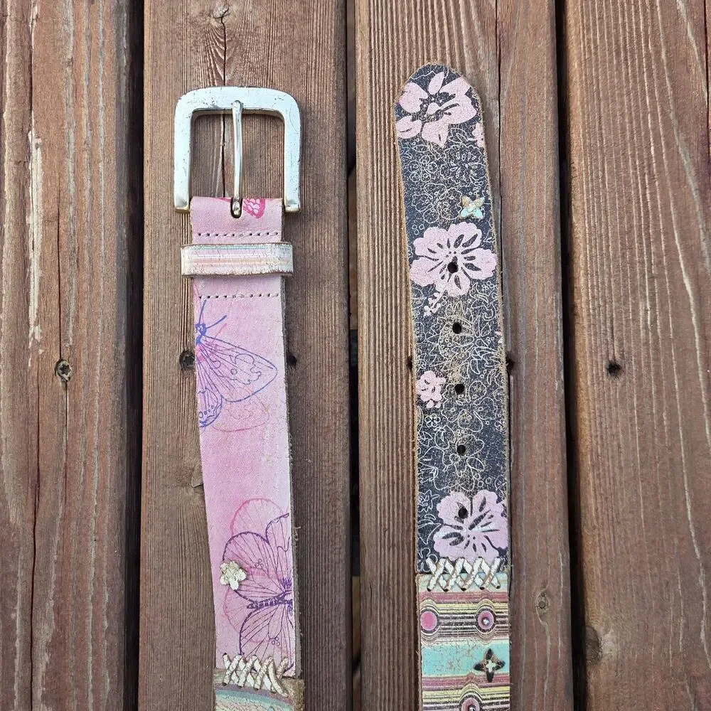 Fossil Boho Floral Leather Belt Pink Turquoise Whipstitch Western Festival L